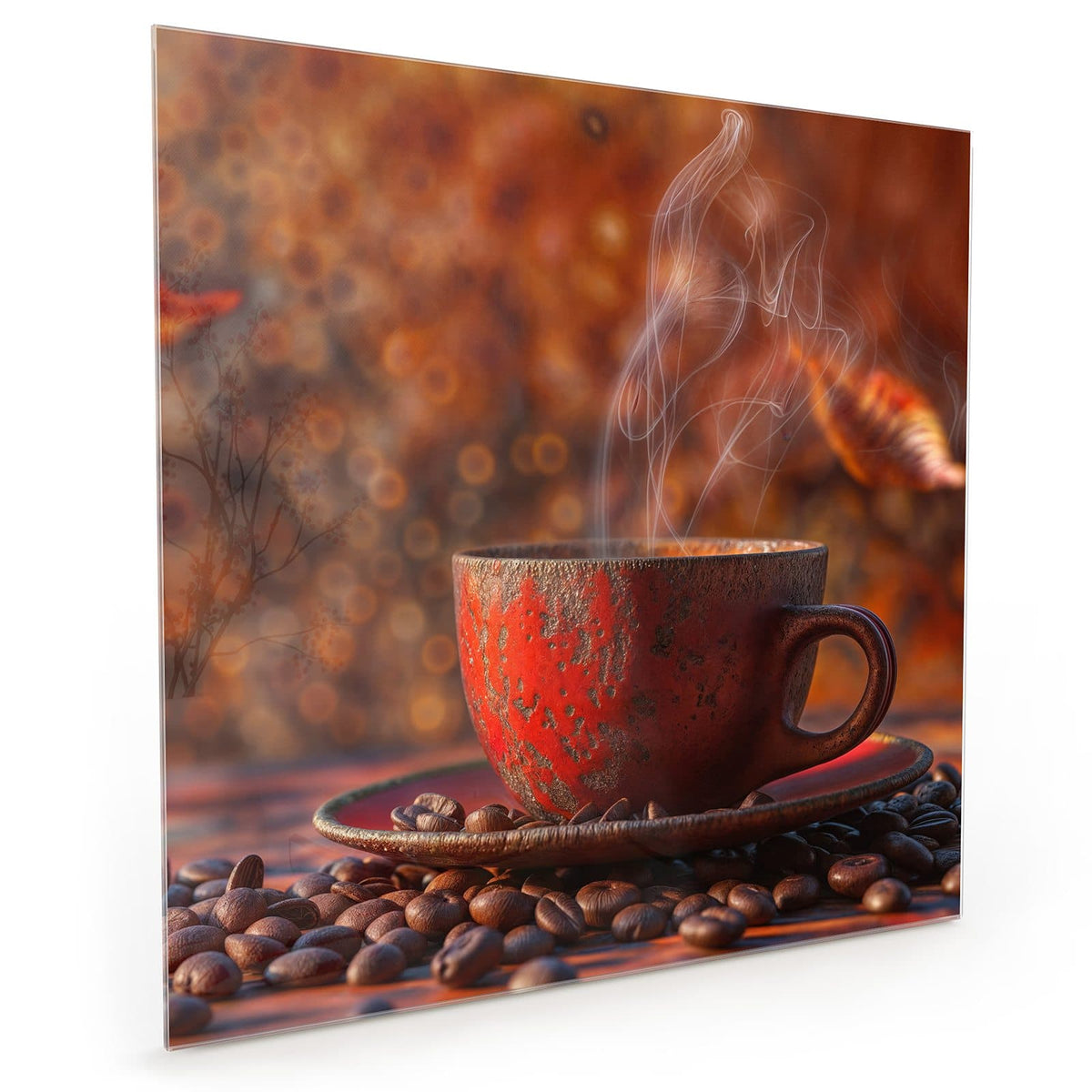 Küchenrückwand aus Glas im quadratischen Format: Dampfende rote Tasse auf Kaffeebohnen vor warmem orangem Bokeh mit unscharfem Herbstblatt #grösse_40 x 40 cm #grösse_50 x 50 cm #grösse_60 x 60 cm
