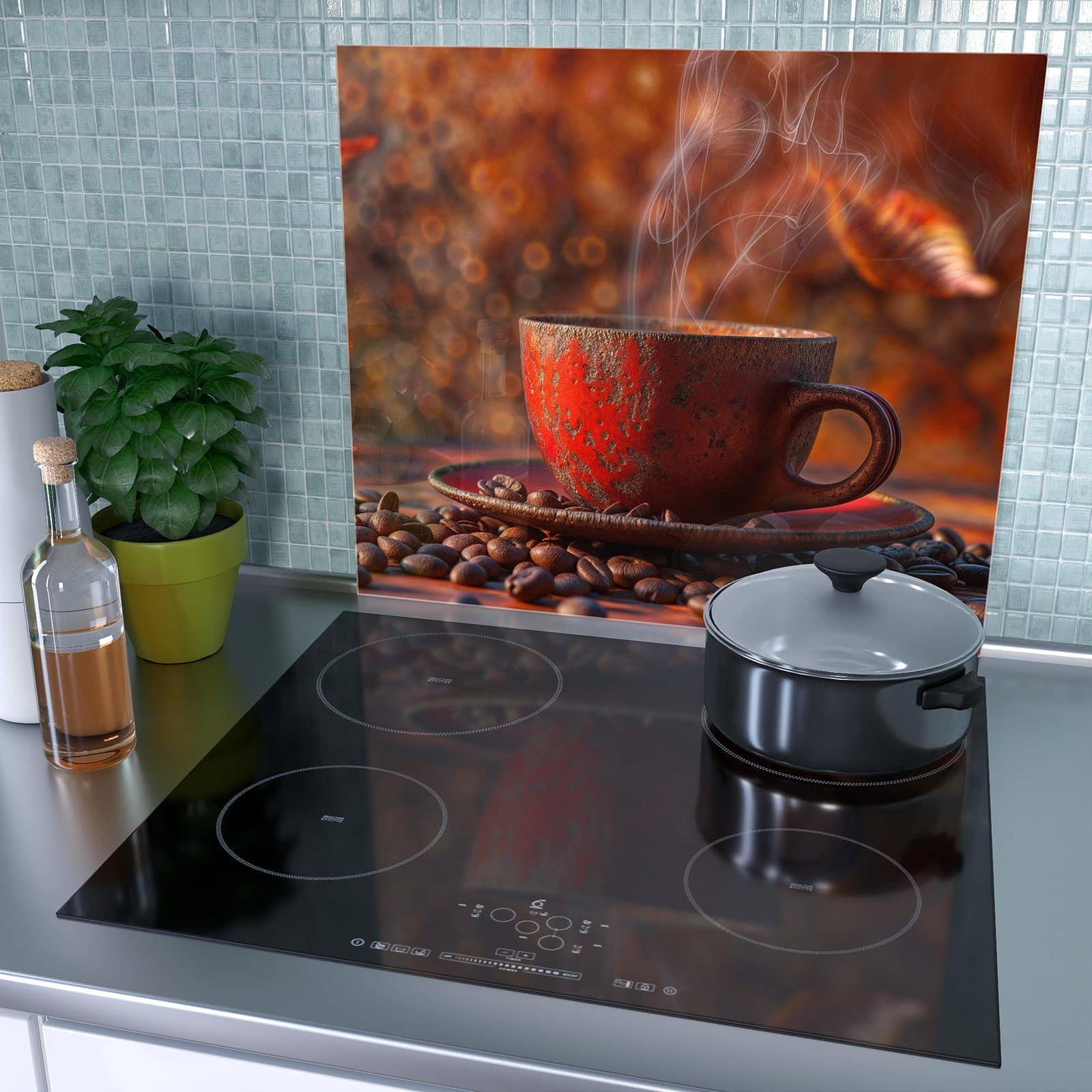 1-teilige Abdeckplatten für Ceranfeld mit Kaffeetasse im Herbst-Motiv als Spritzschutz hinter dem Kochfeld