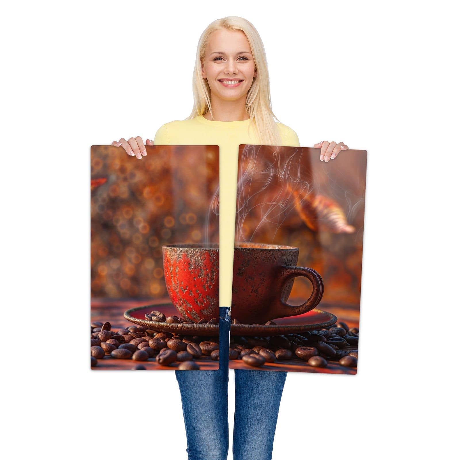 2-teilige Herdabdeckung für Induktionsfeld mit Kaffeetasse im Herbst-Motiv wird zur Größendarstellung gehalten