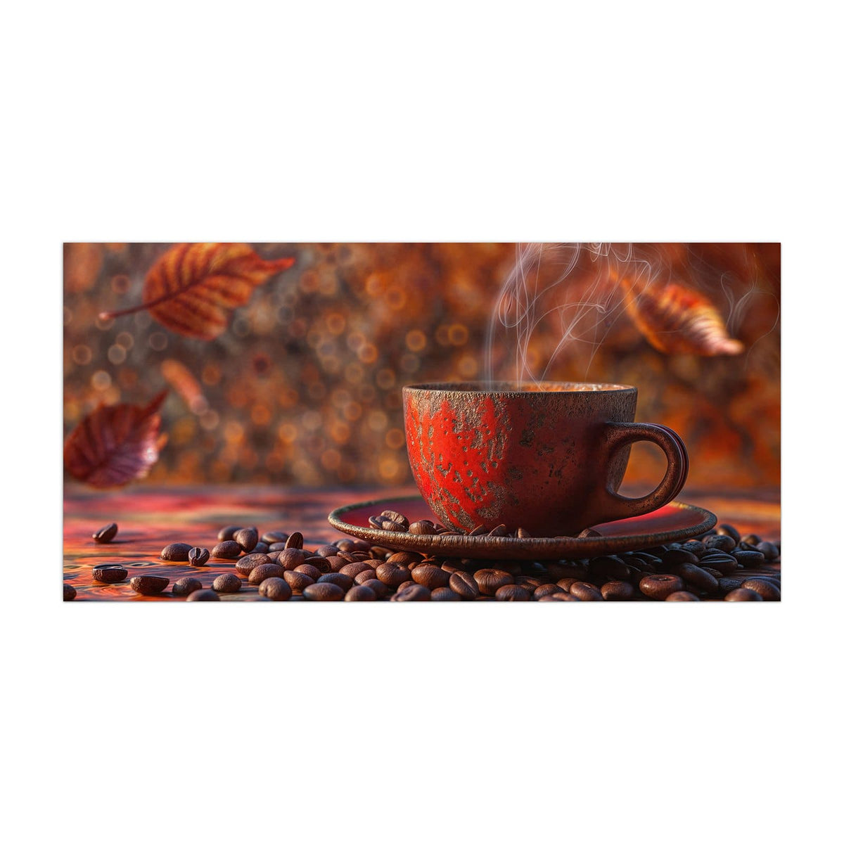 Küchenrückwand aus Glas Kaffeetasse im Herbst im Hochformat, Motiv bildfüllend von vorn