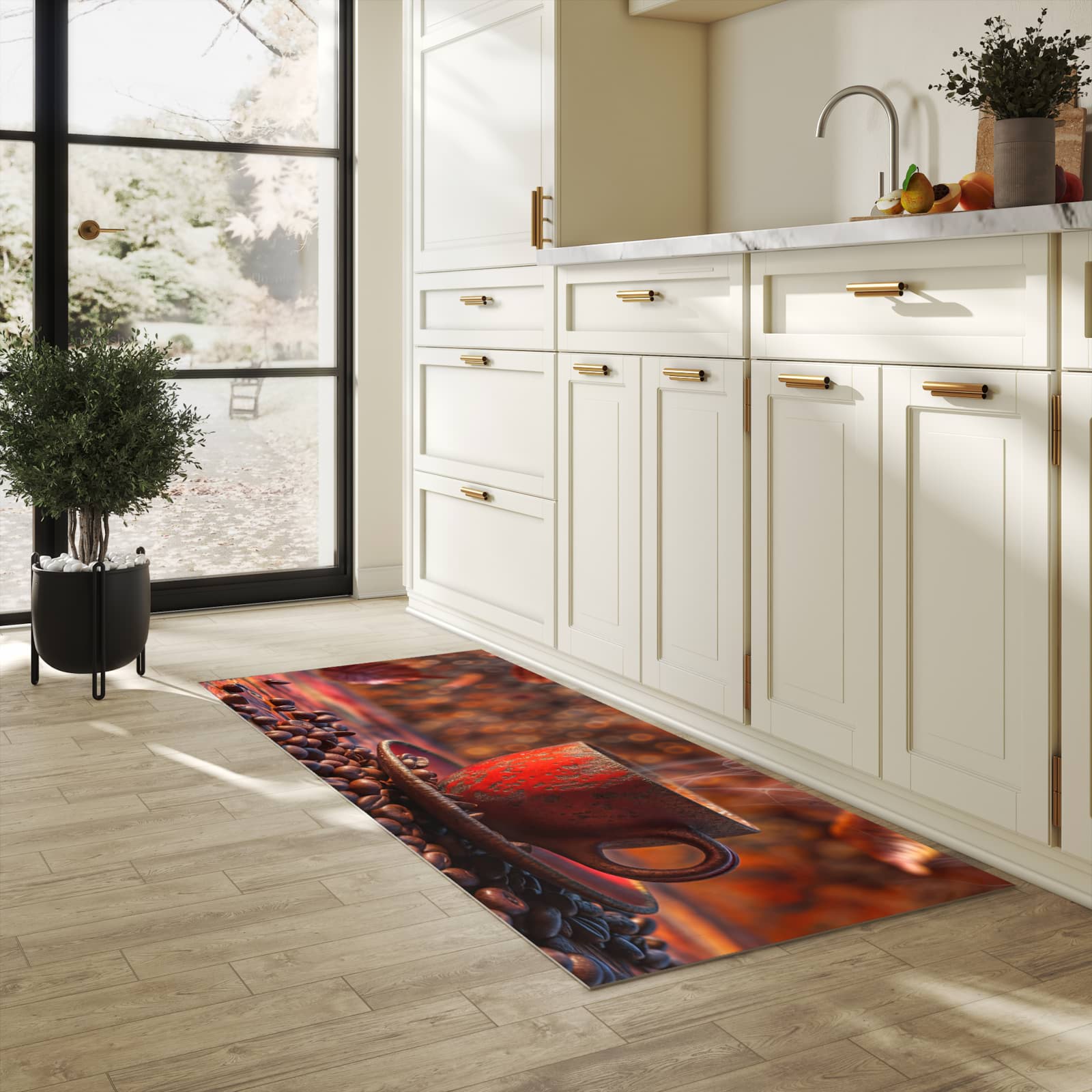 Pflegeleichter dünner Teppich mit Motiv Kaffeetasse im Herbst in heller Küche