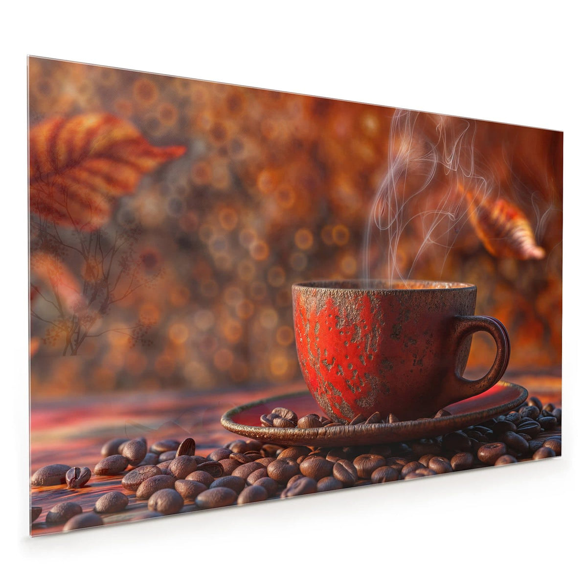 Küchenrückwand aus Glas im Hochformat: Dampfende rote Tasse auf Kaffeebohnen vor warmem orangem Bokeh mit unscharfem Herbstblatt