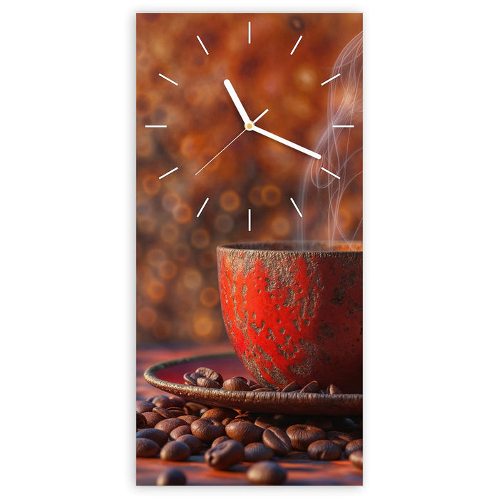 Wanduhr Kaffeetasse im Herbst aus Glas – Hochformat 30 × 60 cm mit Ziffernblatt Linie