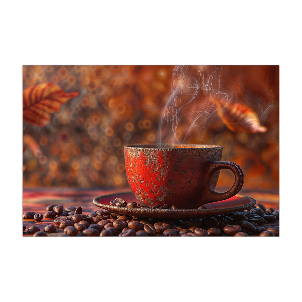 Küchenrückwand aus Glas Kaffeetasse im Herbst im Hochformat, Motiv bildfüllend von vorn