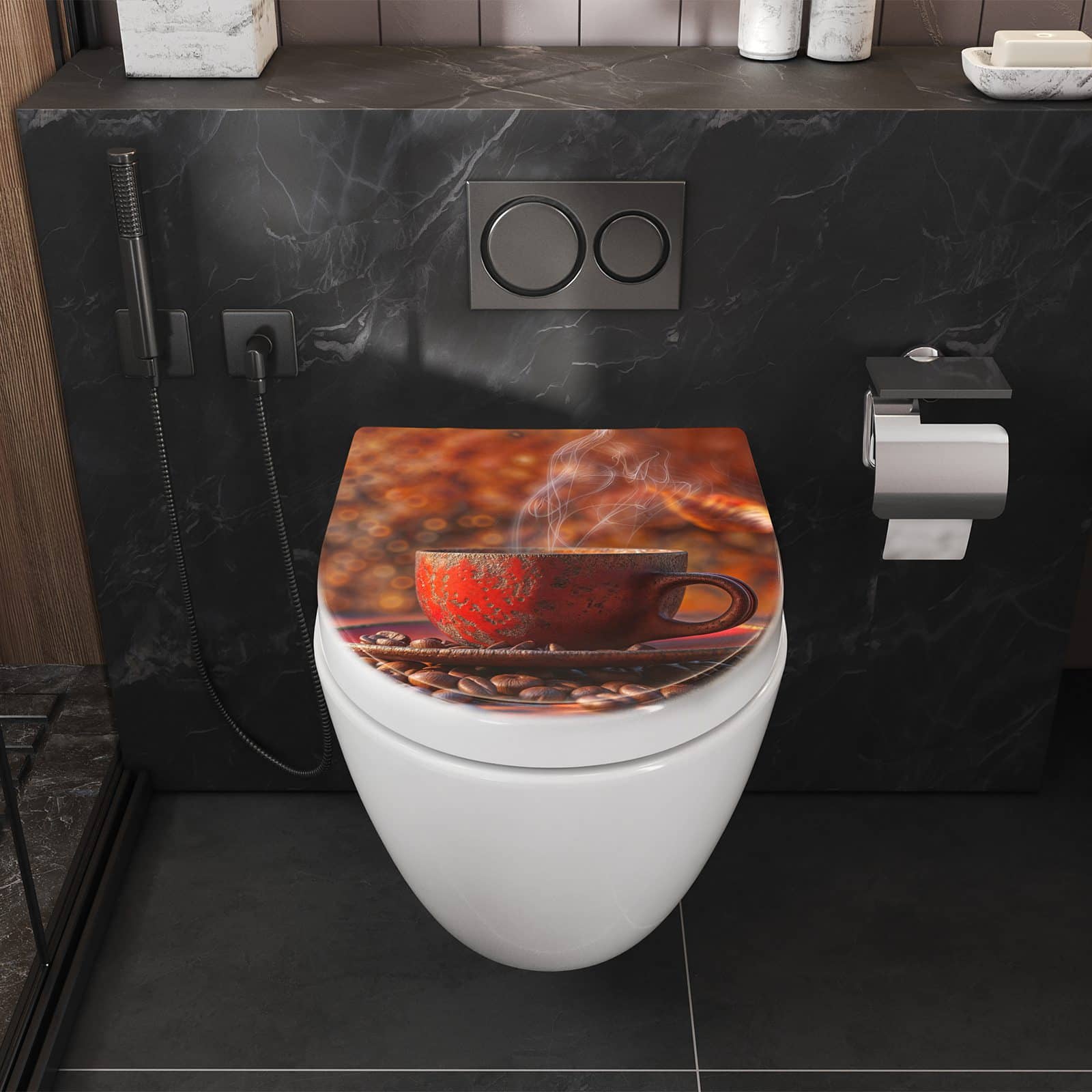 WC-Sitz mit Absenkautomatik Kaffeetasse im Herbst