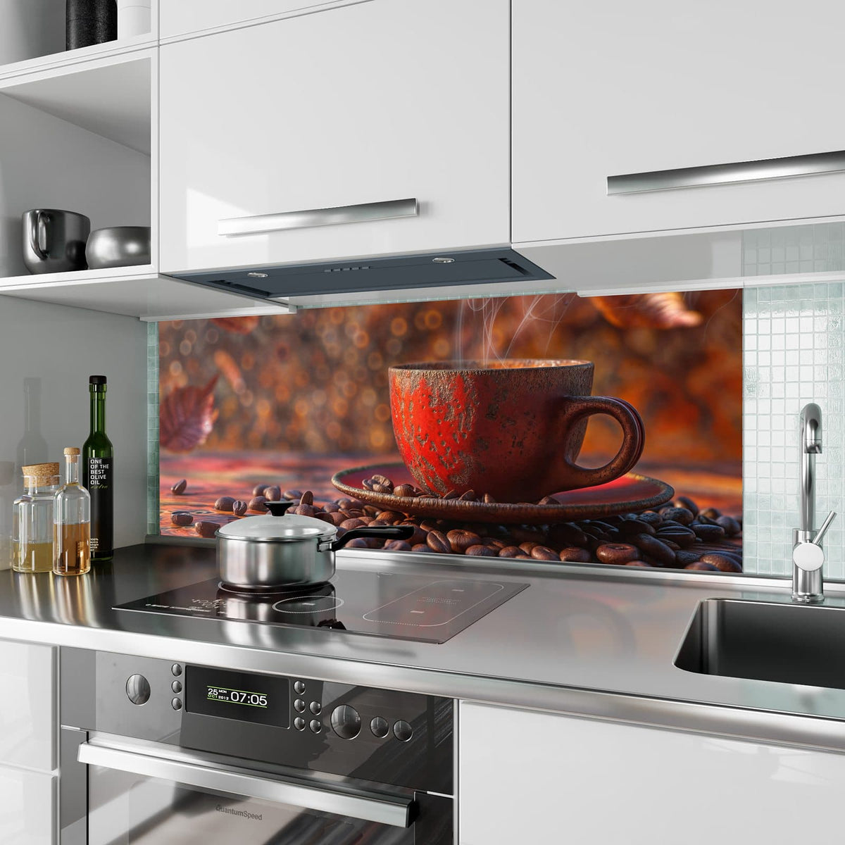 Küchenrückwand aus Glas Kaffeetasse im Herbst im Hochformat als Spritzschutz hinter dem Kochfeld, über dem Fliesenspiegel montiert