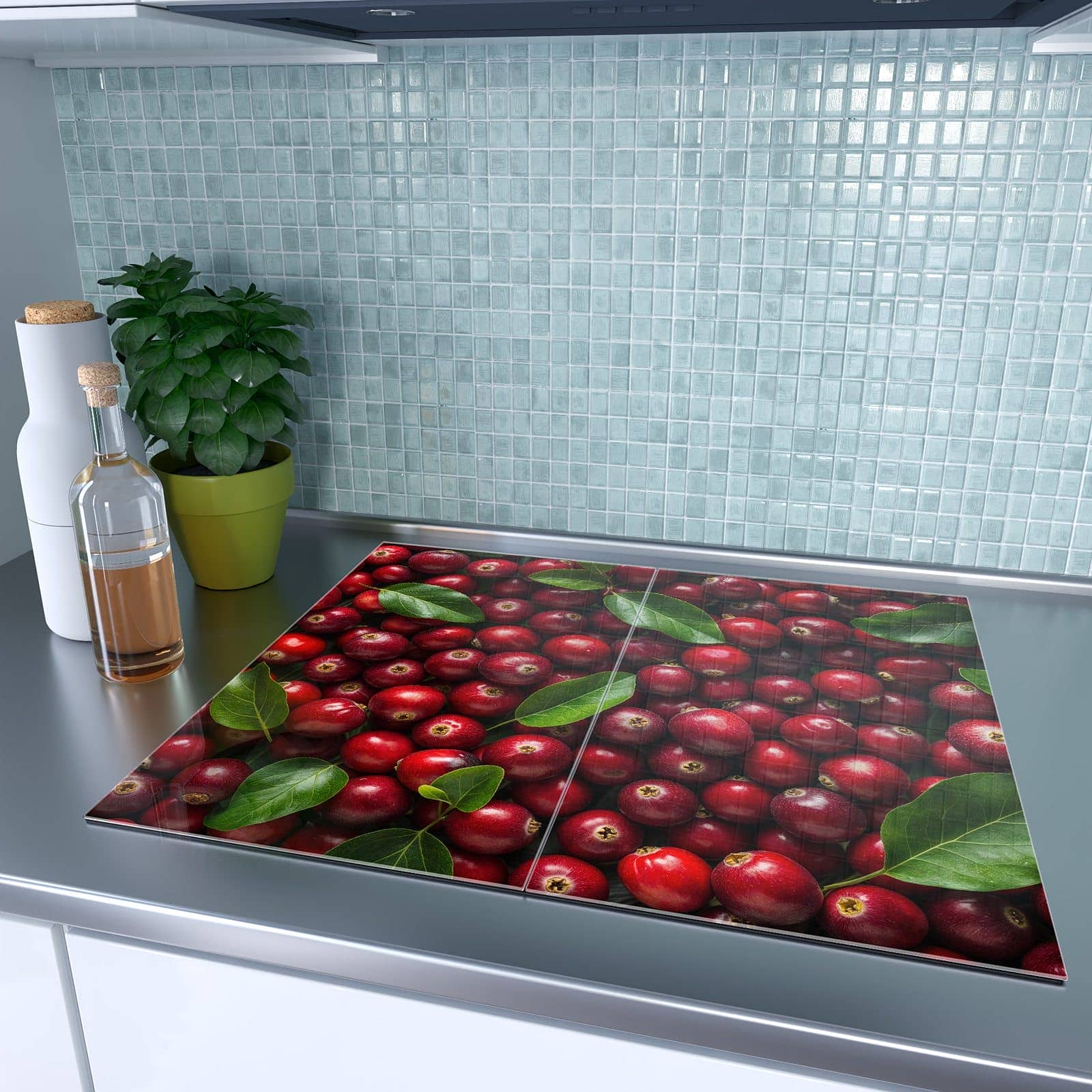 2-teilige Herdabdeckplatte mit Frische Preiselbeeren-Motiv auf dem Ceranfeld