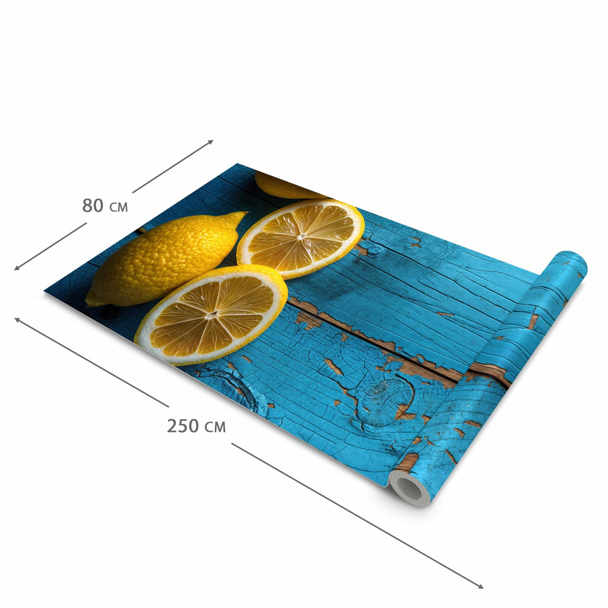 UV-beständiger waschbarer Küchenteppich mit Motiv Zitronen auf Holz in der Größe 60x300 cm