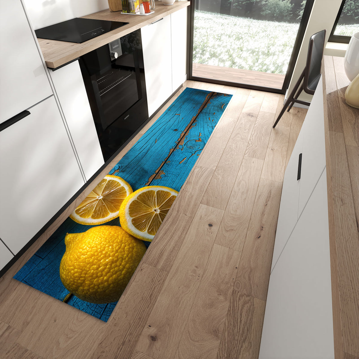 Zeitsparender Küchenläufer nach Maß mit Motiv Zitronen auf Holz in moderner Küche