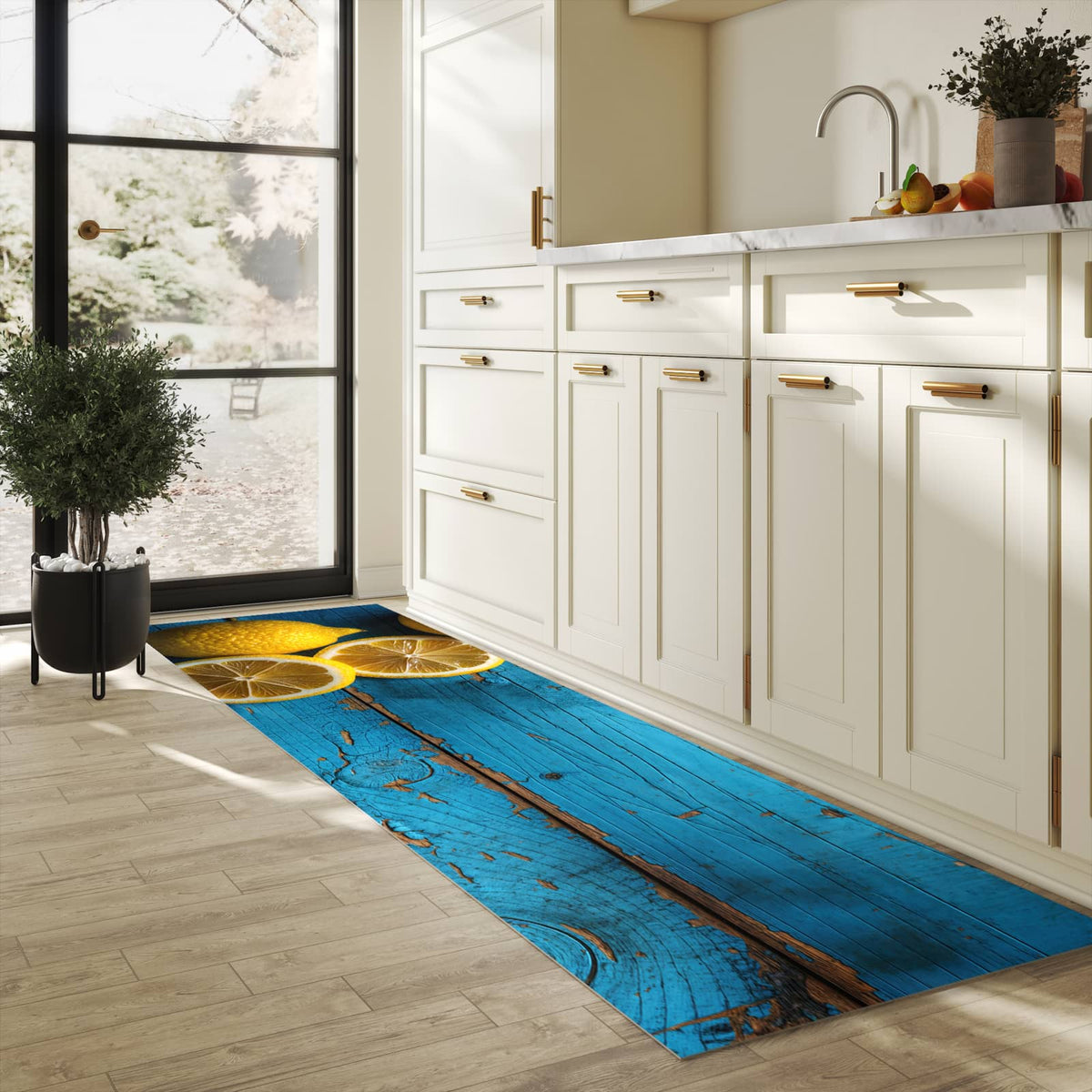 Hygienischer Küchenteppich mit Motiv Zitronen auf Holz in heller Küche - abwaschbar