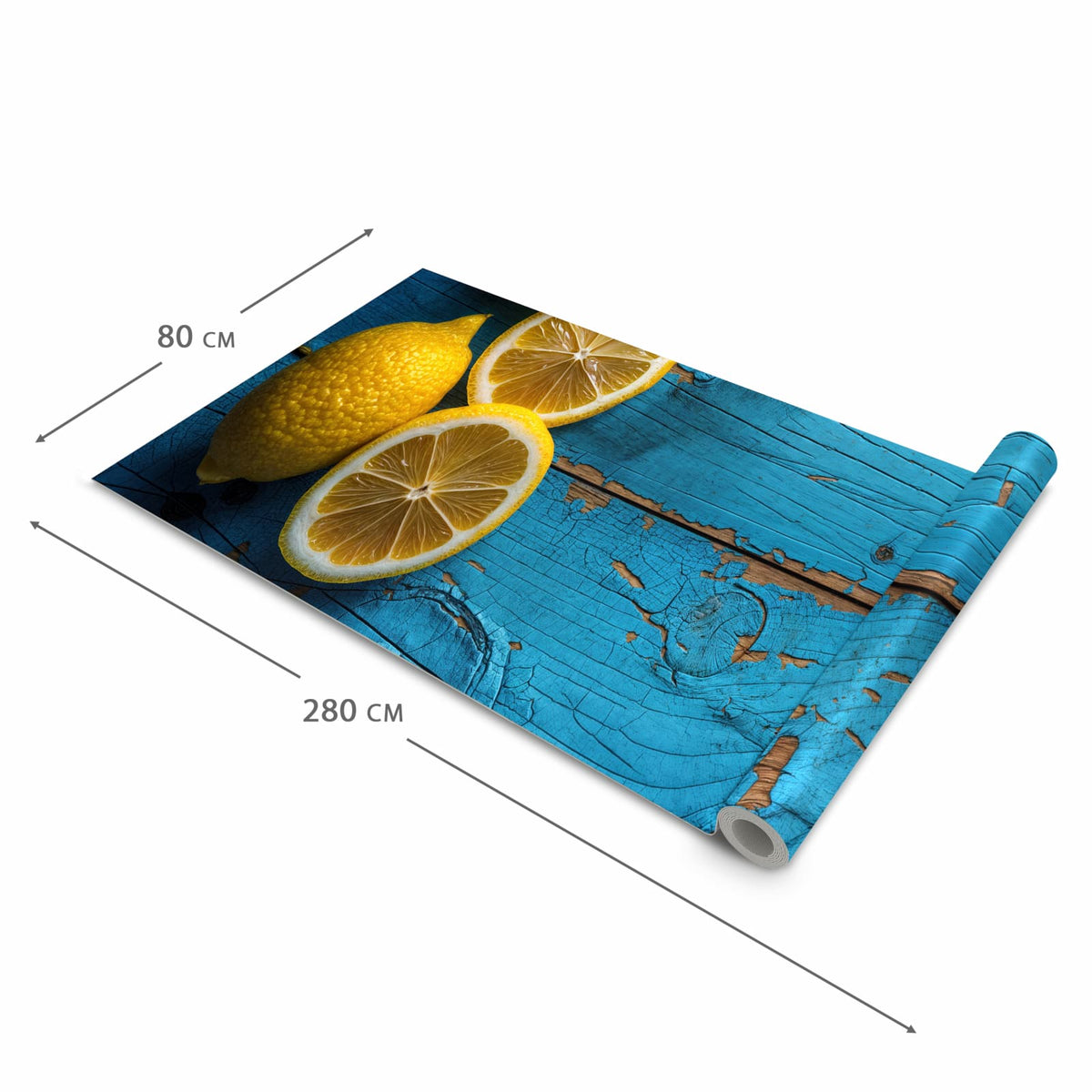 Großer Küchenteppich mit Motiv Zitronen auf Holz in der Grösse 60x300 cm für Trittkomfort