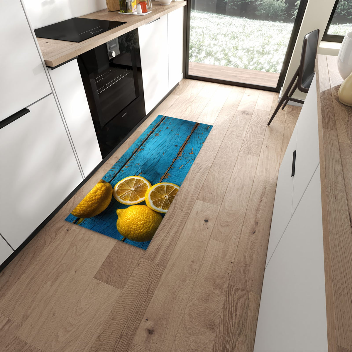 Farbbeständiger waschbarer Küchenläufer mit Motiv Zitronen auf Holz in moderner Küche #grösse_60 x 150 cm