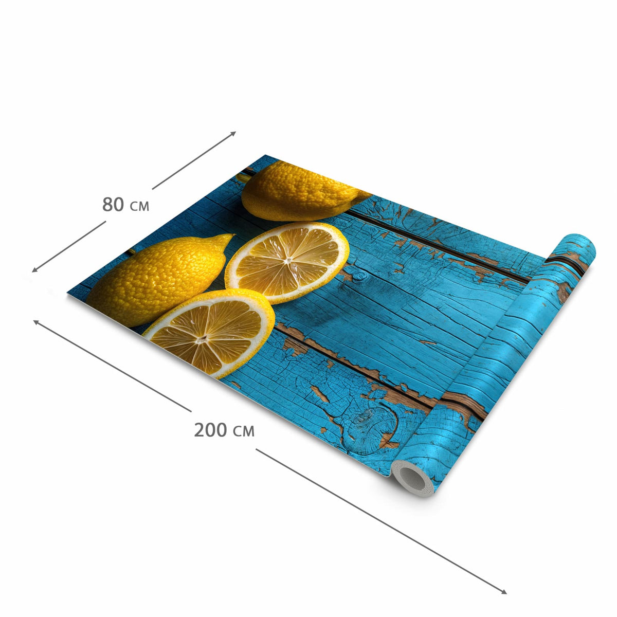 Abriebfester Küchenteppich mit Motiv Zitronen auf Holz in der Grösse 60x300 cm, waschbar