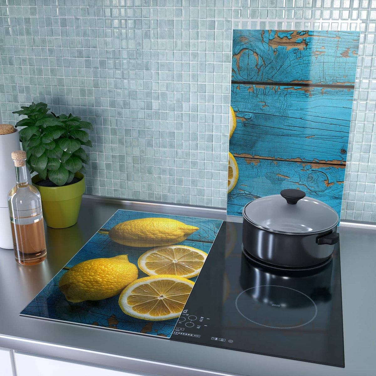 2-teilige Herdabdeckplatten für Ceranfeld mit Zitronen auf Holz-Motiv als Spritzschutz hinter dem Kochfeld