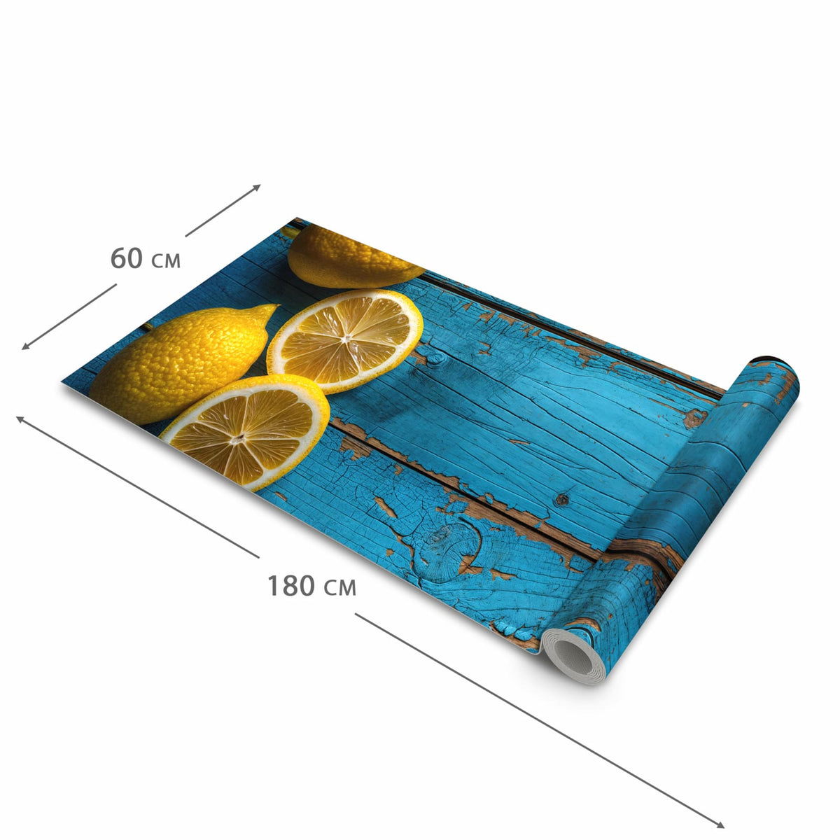 Farbbeständiger Küchenteppich mit Motiv Zitronen auf Holz in der Grösse 60x300 cm