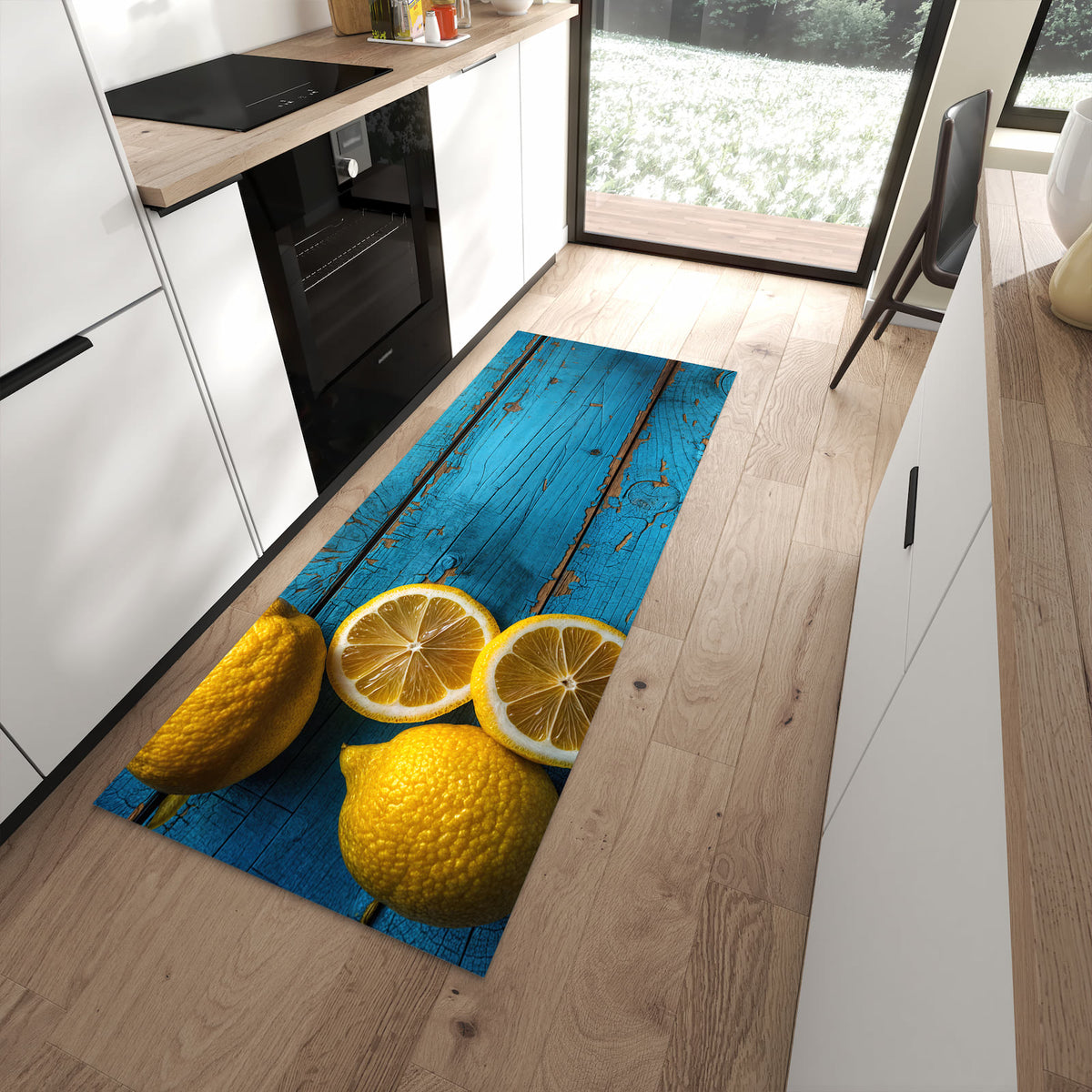 UV-beständiger abwaschbarer Küchenläufer mit Motiv Zitronen auf Holz in moderner Küche