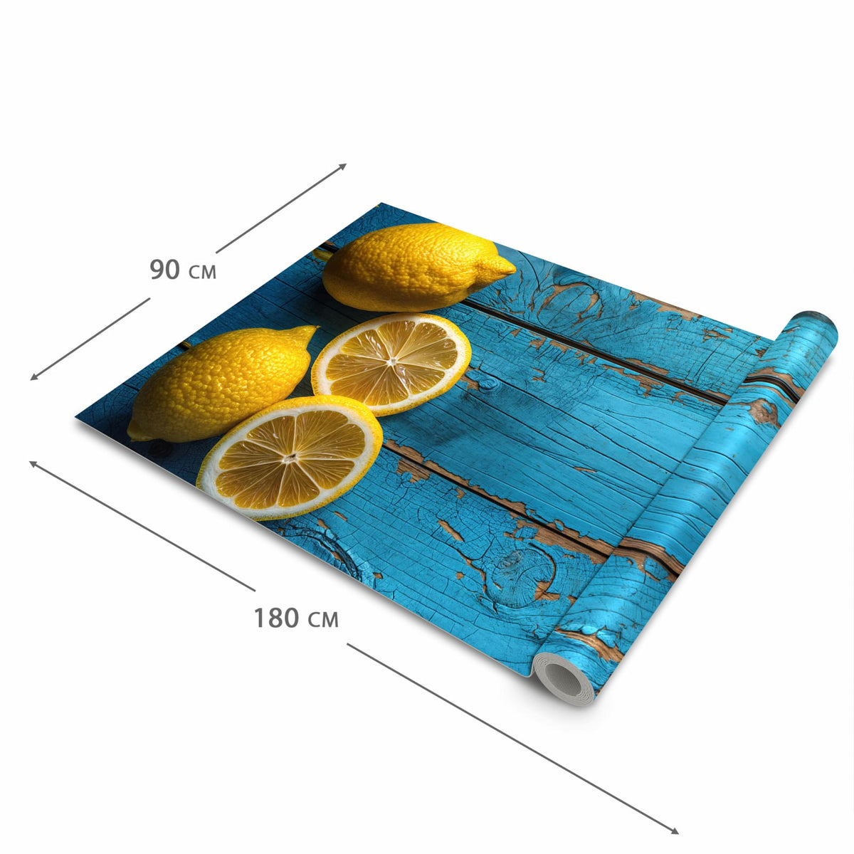 Fleckenresistenter waschbarer Küchenteppich mit Motiv Zitronen auf Holz in der Grösse 60x300 cm