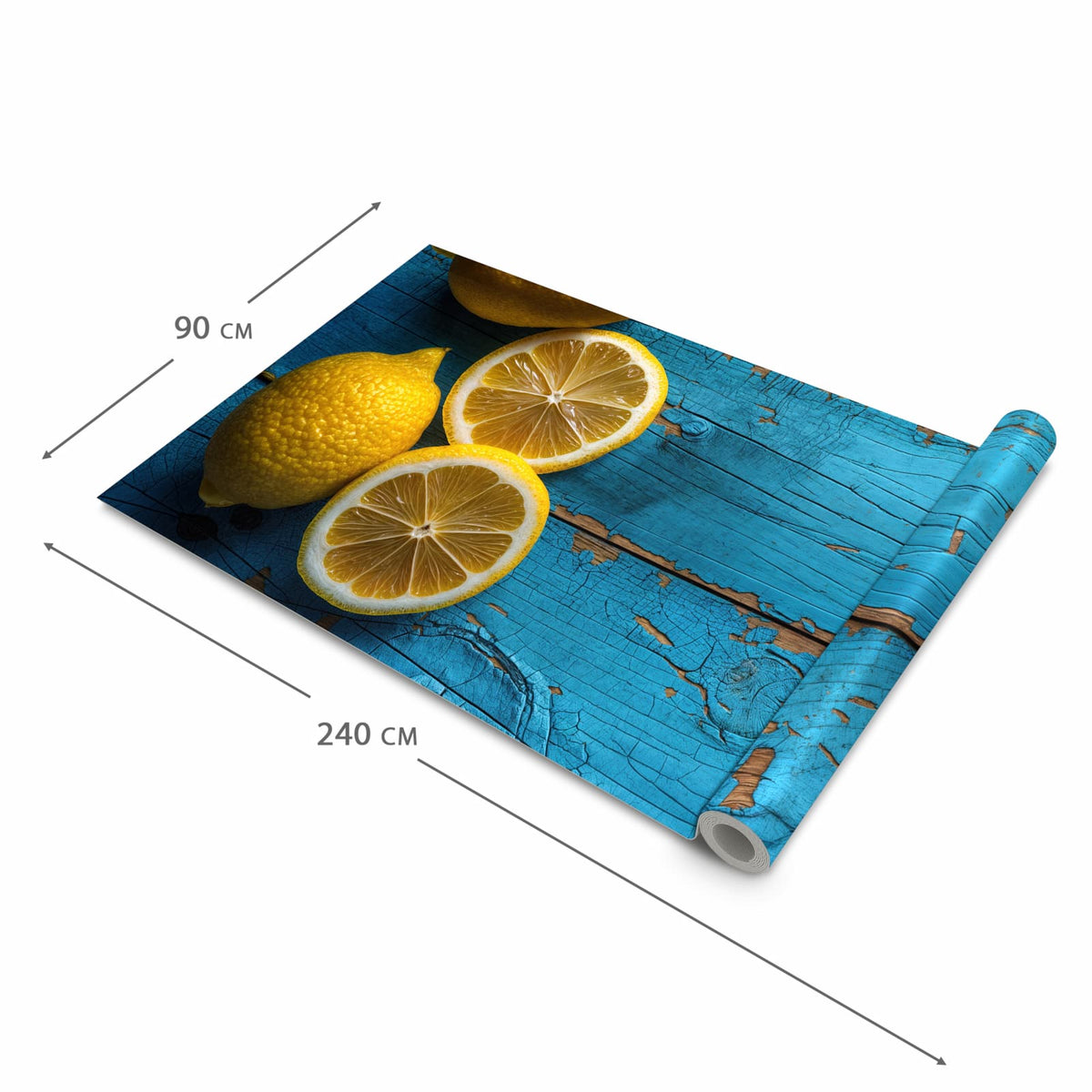 Schmutzabweisender Küchenteppich mit Motiv Zitronen auf Holz in der Größe 60x300 cm