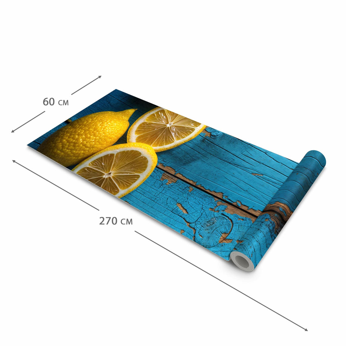 Küchenteppich mit Motiv Zitronen auf Holz in der Größe 60x300 cm für sicheres Aufbewahren