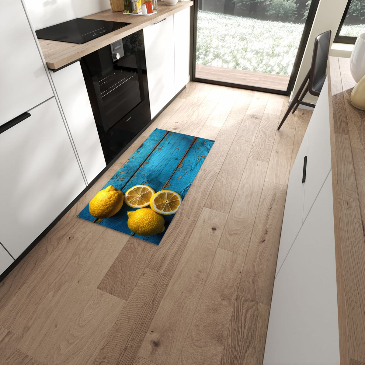 Bodenschonender rutschfester Küchenläufer mit Motiv Zitronen auf Holz in moderner Küche #grösse_60 x 120 cm