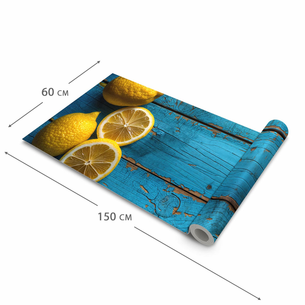 Bodenschonender Bodenläufer Teppich mit Motiv Zitronen auf Holz in der Grösse 60x300 cm