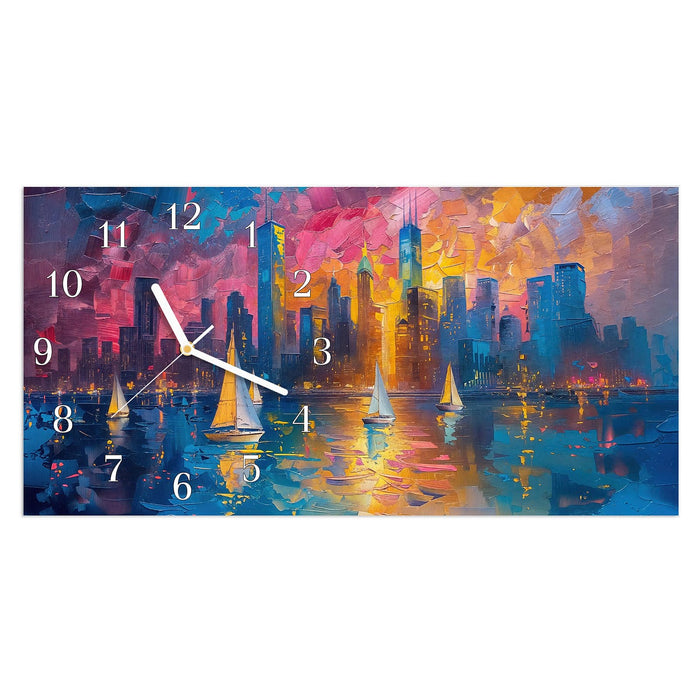 Wanduhr Hafenstadt Bei Nacht aus Glas – Querformat 60 × 30 cm mit Ziffernblatt Klassisch