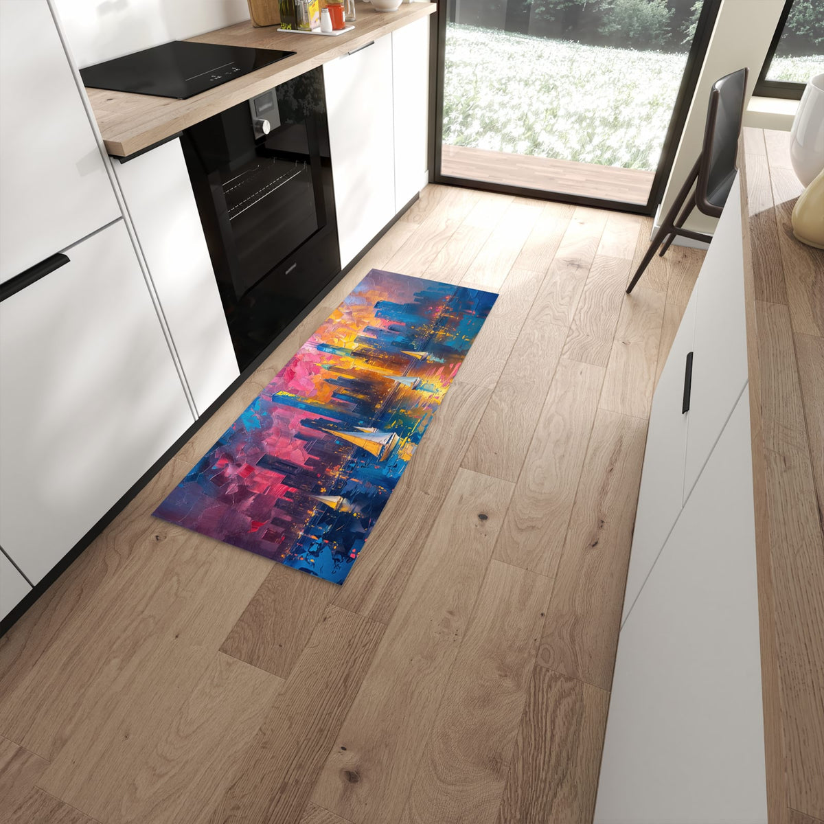 Komfortabler rutschfester Küchenteppich mit Motiv Hafenstadt Bei Nacht in moderner Küche #grösse_60 x 150 cm