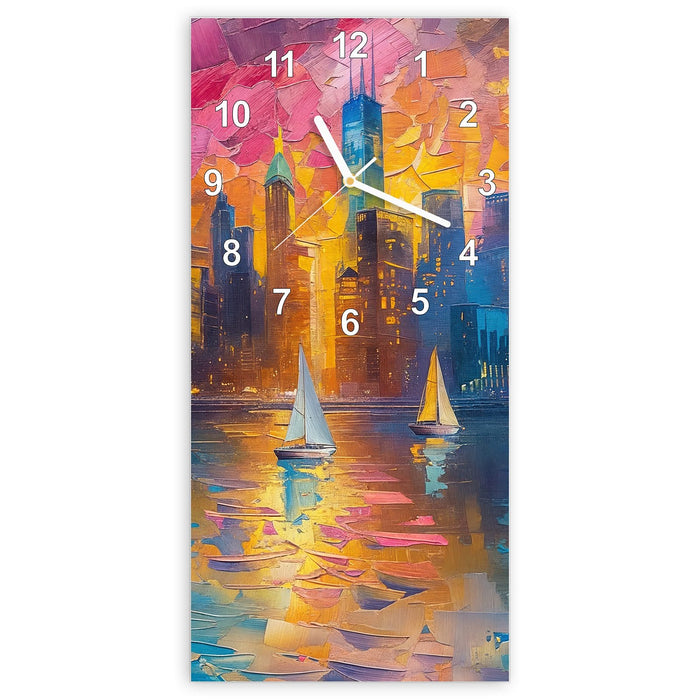 Wanduhr Hafenstadt Bei Nacht aus Glas – Hochformat 30 × 60 cm mit Ziffernblatt Modern