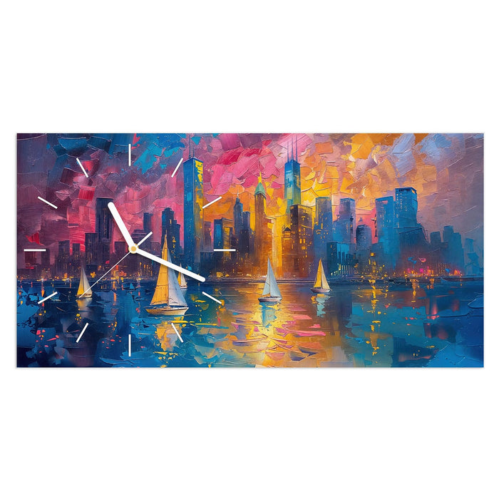 Wanduhr Hafenstadt Bei Nacht aus Glas – Querformat 60 × 30 cm mit Ziffernblatt Linie