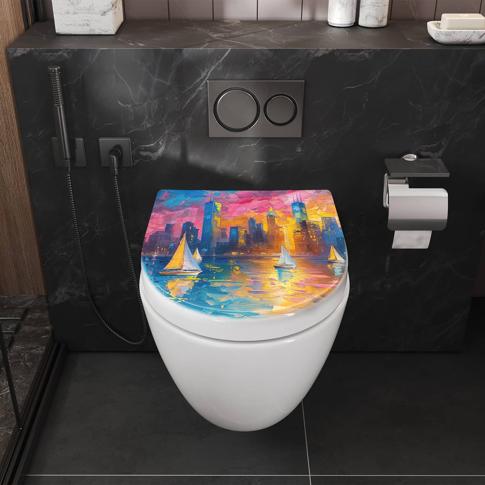 WC-Sitz mit Absenkautomatik Hafenstadt Bei Nacht