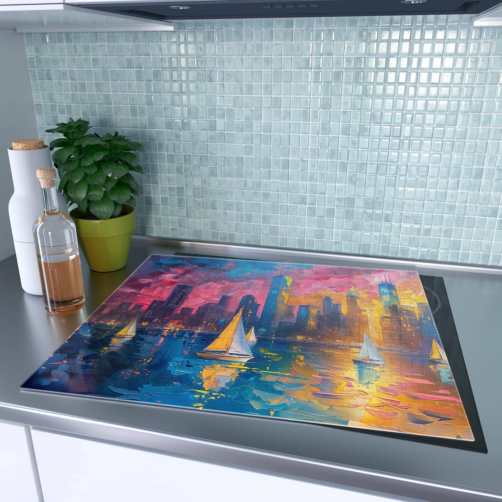 1-teilige Herdabdeckplatten aus Glas mit Hafenstadt Bei Nacht-Motiv auf dem Ceranfeld