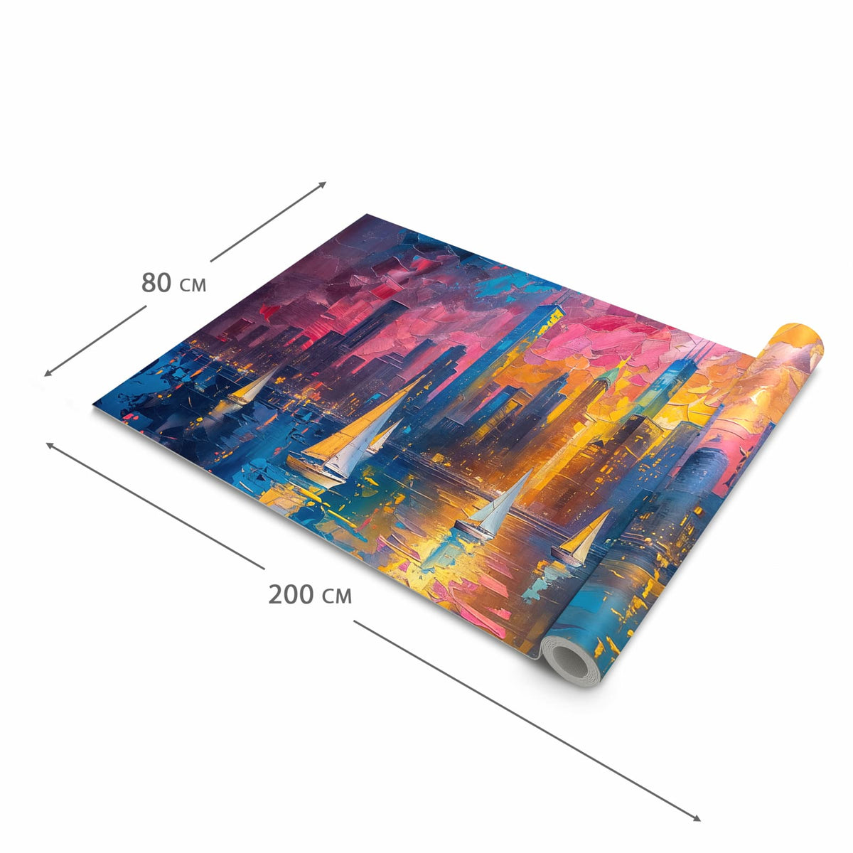 Strapazierfähiger dünner Teppich mit Motiv Hafenstadt Bei Nacht in der Grösse 60x300 cm