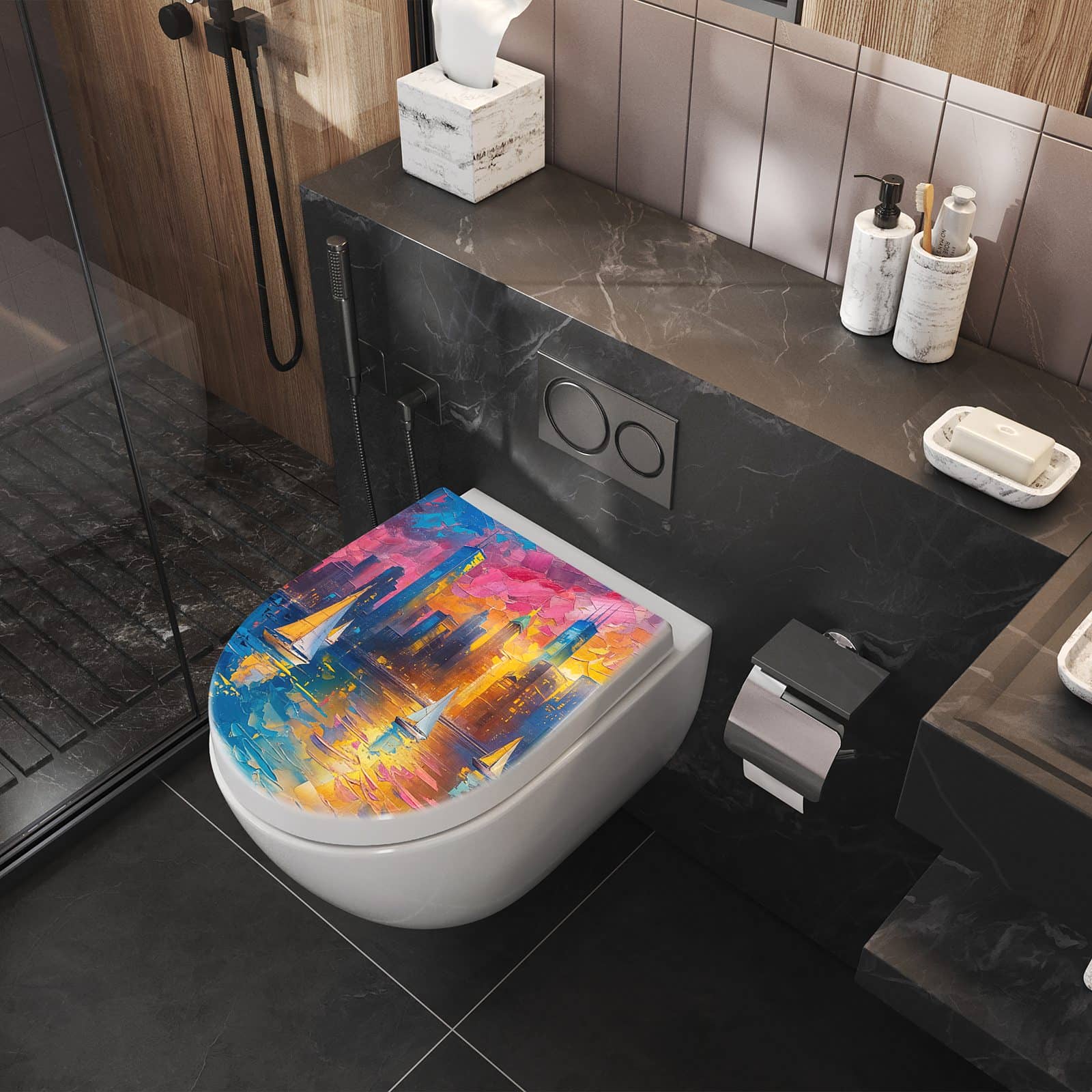 WC-Sitz mit Absenkautomatik Hafenstadt Bei Nacht