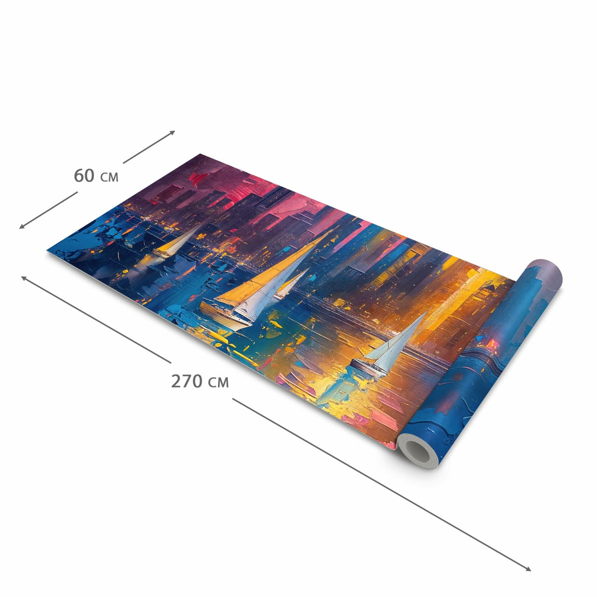 Pflegeleichter langer Teppich mit Motiv Hafenstadt Bei Nacht in der Grösse 60x270 cm
