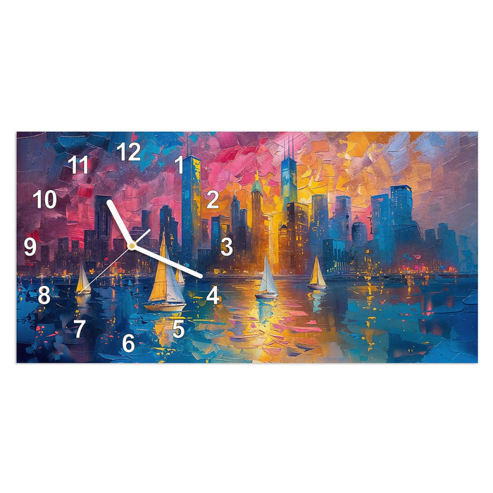 Wanduhr Hafenstadt Bei Nacht aus Glas – Querformat 60 × 30 cm mit Ziffernblatt Modern