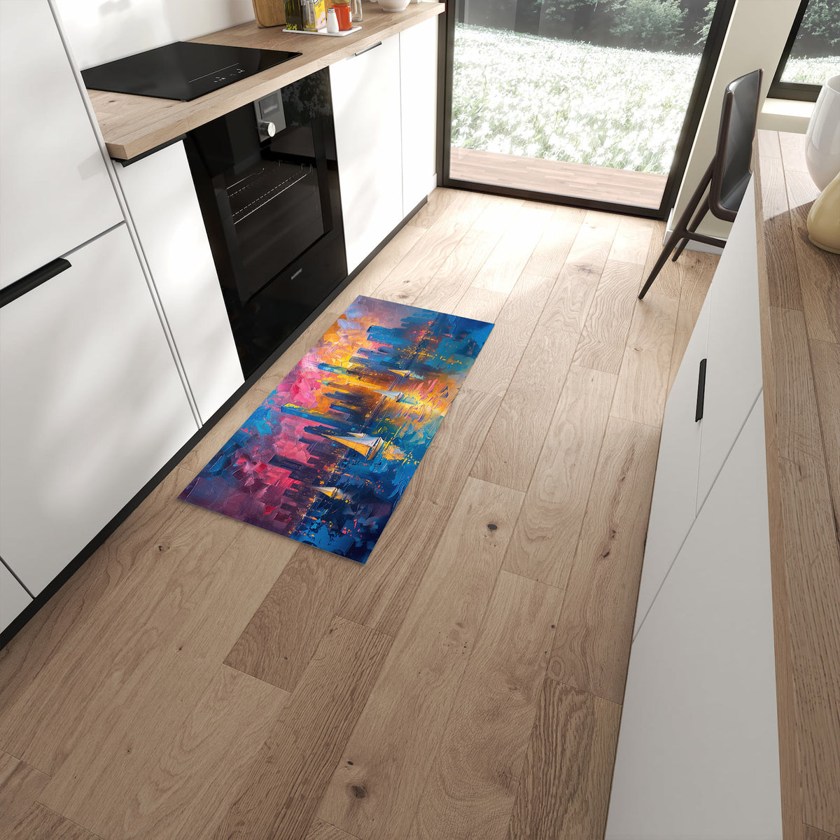 Pflegeleichter Küchenteppich mit Motiv Hafenstadt Bei Nacht in moderner Küche #grösse_60 x 120 cm
