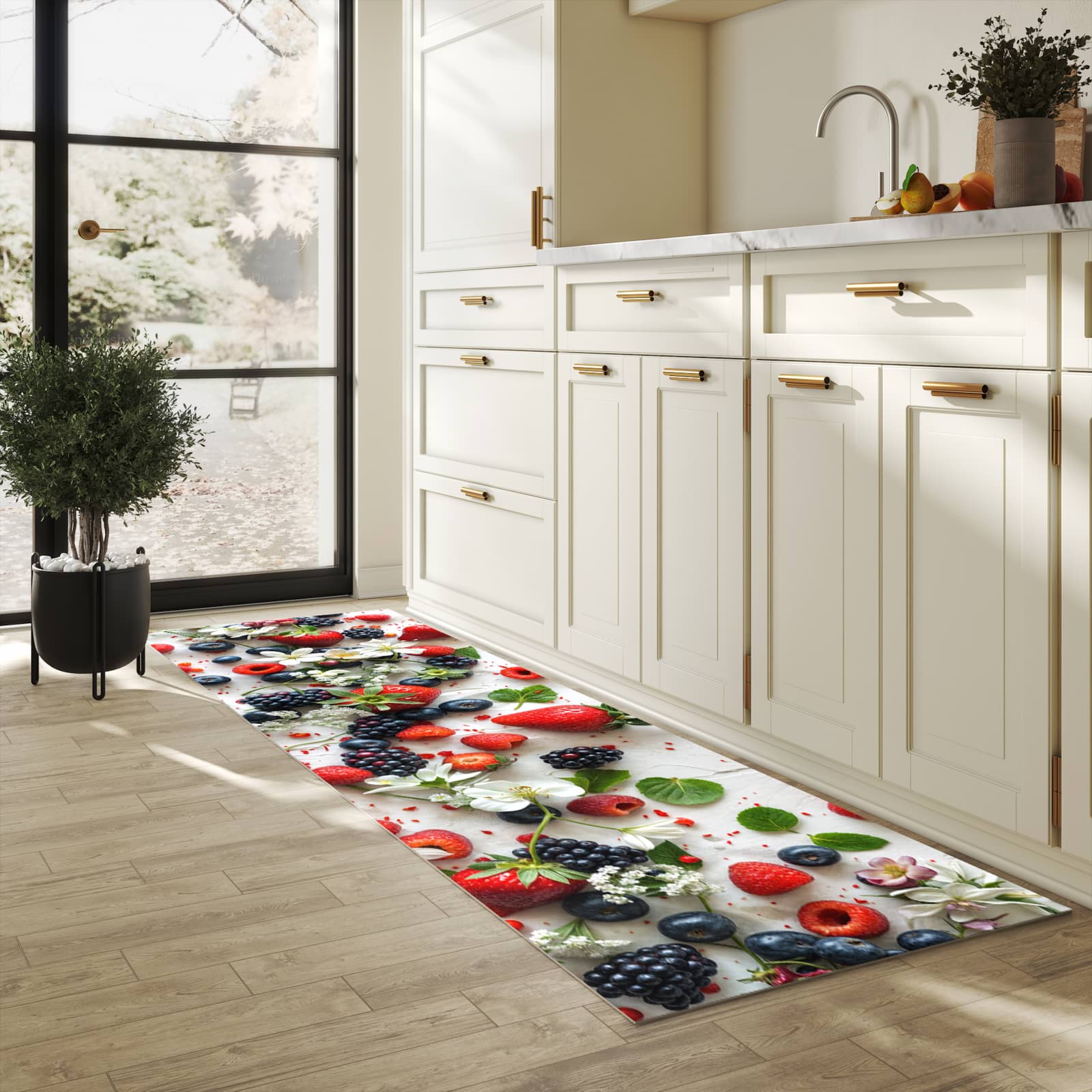 Strapazierfähiger Teppich für Esstisch mit Motiv Beeren von Bunte in heller Küche