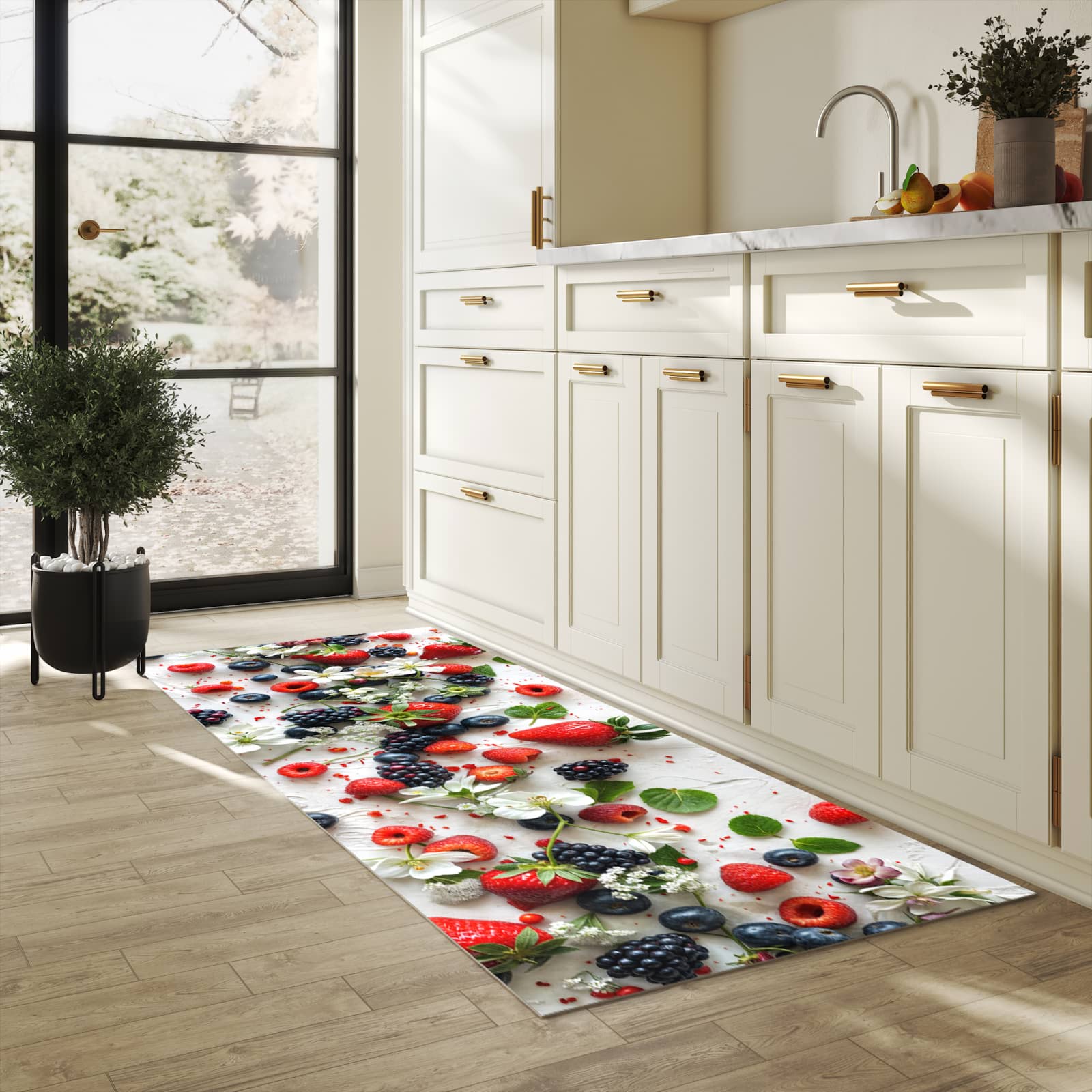 Rutschfester Bodenläufer-Teppich mit Motiv Beeren von Bunte in heller Küche