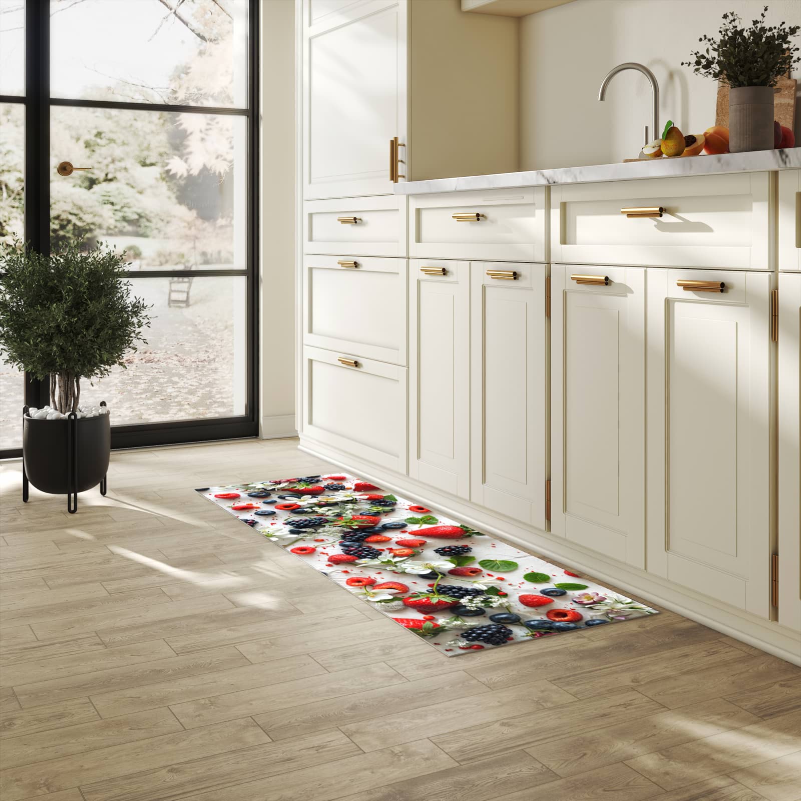 Flacher Küchenläufer mit Motiv Beeren von Bunte in heller Küche für lange Teppiche