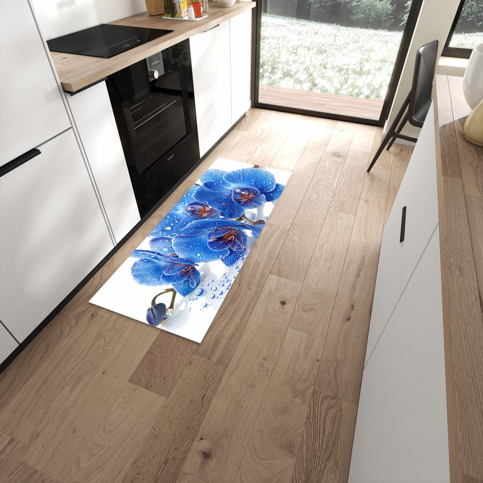 Pflegeleichter Küchenteppich mit Motiv Blaue Orchideen in moderner Küche #grösse_60 x 150 cm