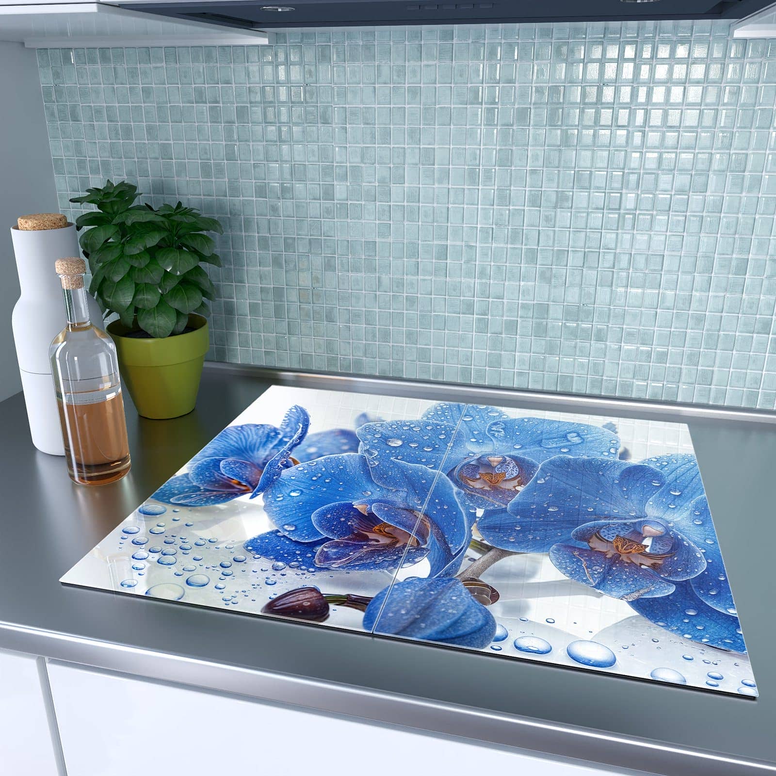2-teilige Herdabdeckplatte für Induktion mit Blaue Orchideen-Motiv auf dem Ceranfeld