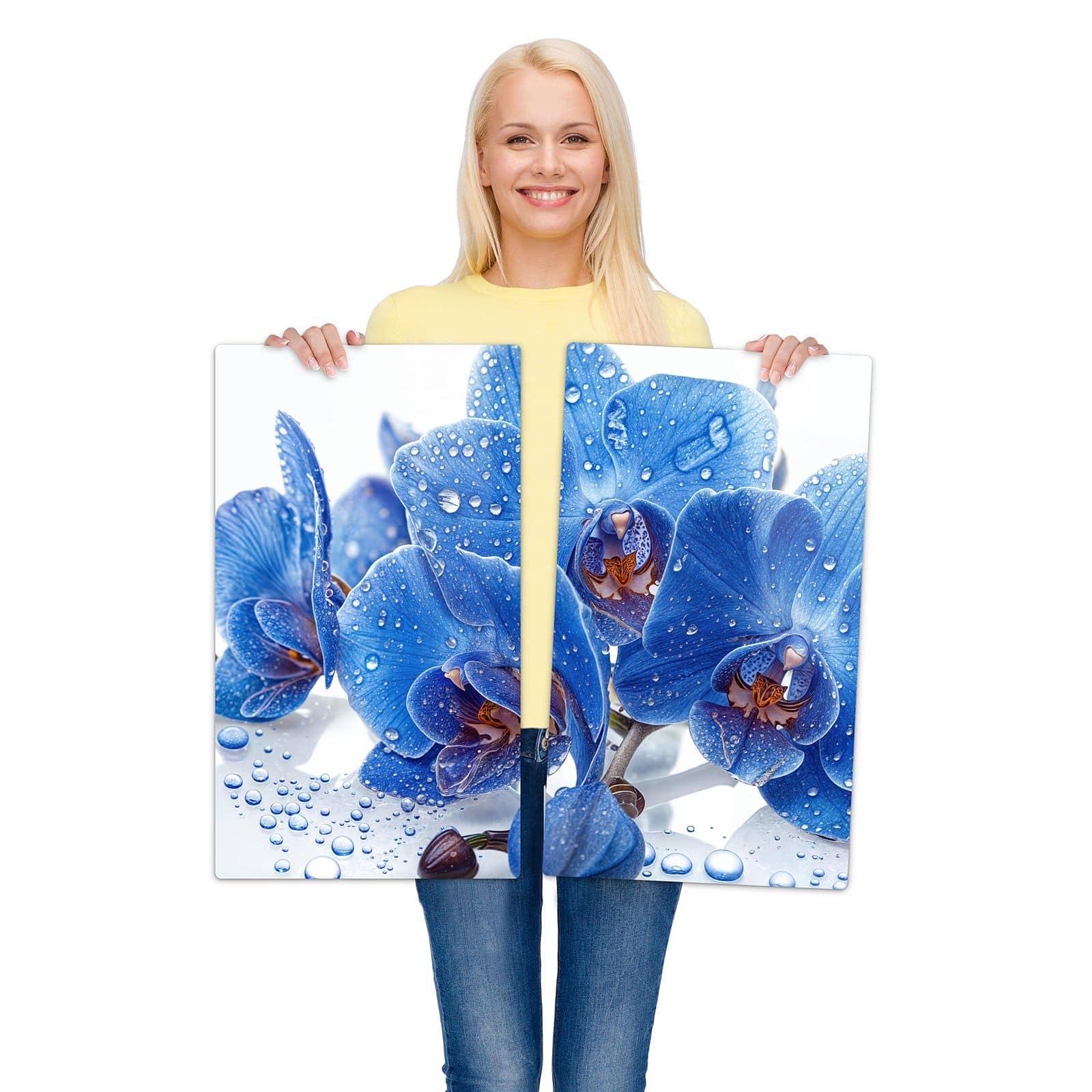 2-teilige Abdeckplatte für Induktionsherd mit Blaue Orchideen-Motiv wird zur Größendarstellung gehalten