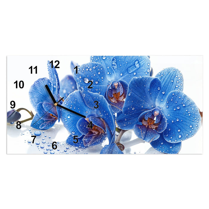 Wanduhr Blaue Orchideen aus Glas – Querformat 60 × 30 cm mit Ziffernblatt Modern