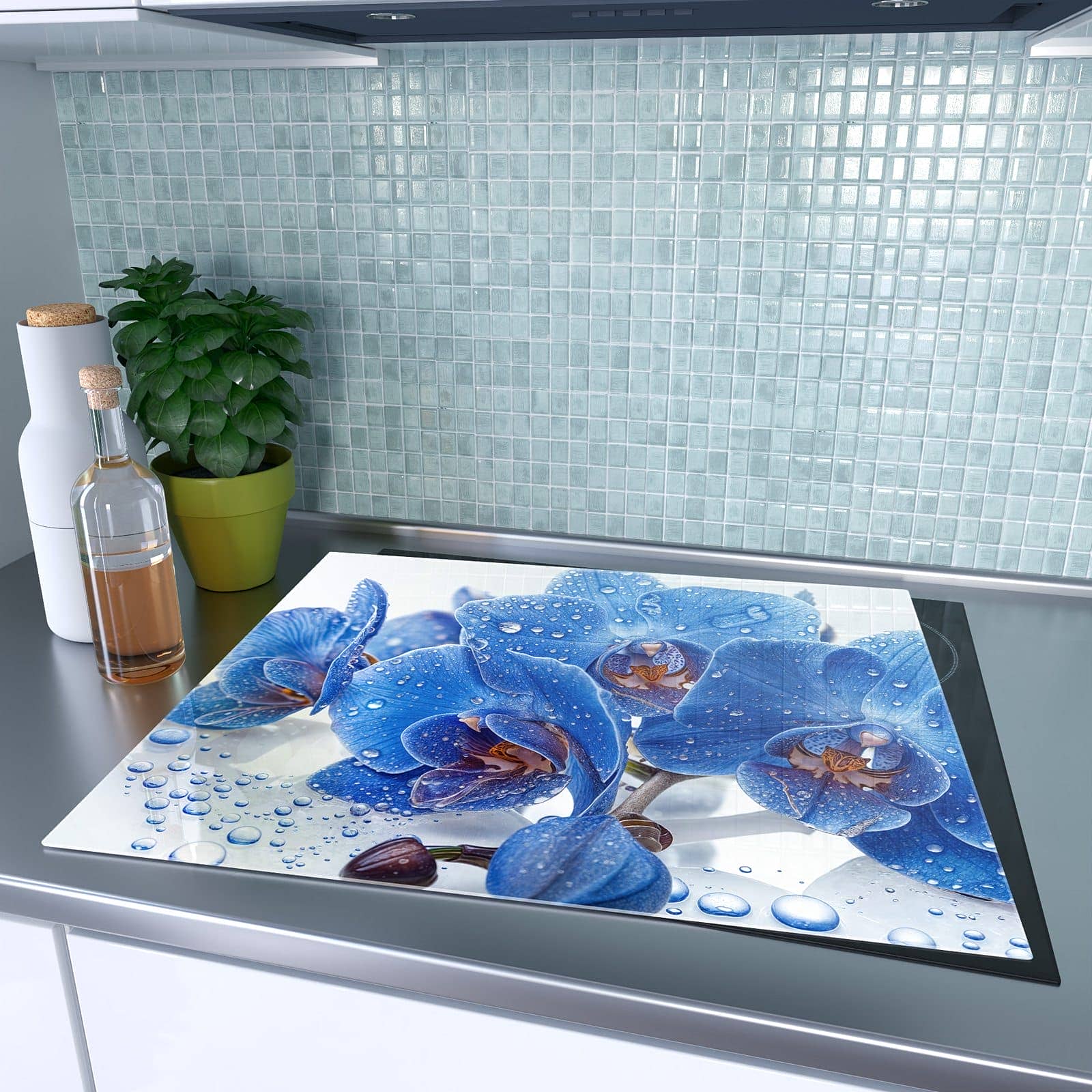 1-teilige Abdeckplatte für Ceranfeld mit Blaue Orchideen-Motiv auf dem Ceranfeld