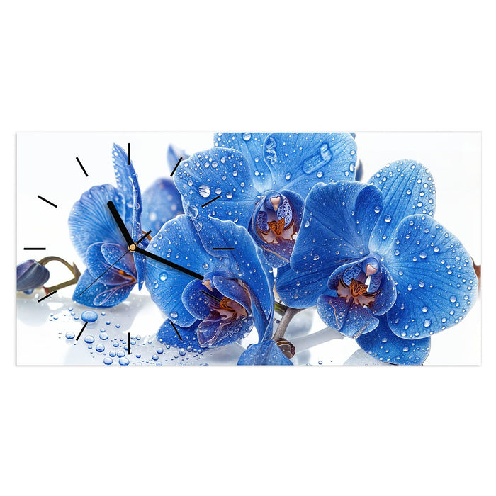 Wanduhr Blaue Orchideen aus Glas – Querformat 60 × 30 cm mit Ziffernblatt Linie