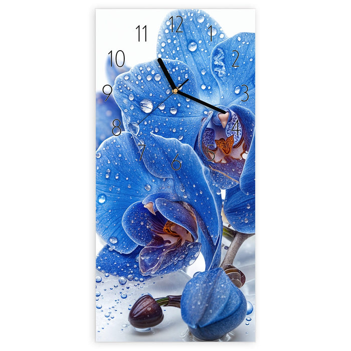 Wanduhr Blaue Orchideen aus Glas – Hochformat 30 × 60 cm mit Ziffernblatt Elegant