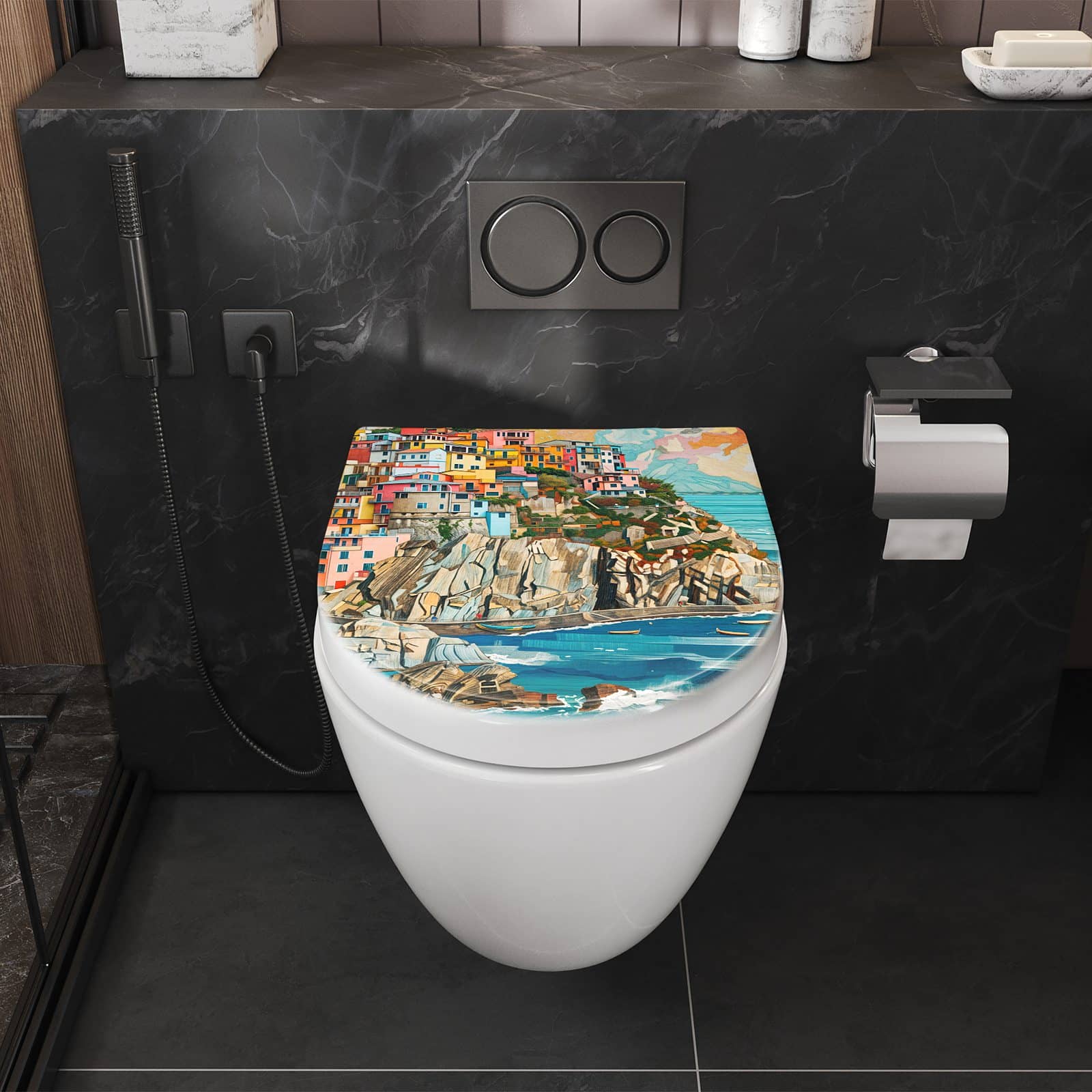 WC-Sitz mit Absenkautomatik Bunte Küstenstadt