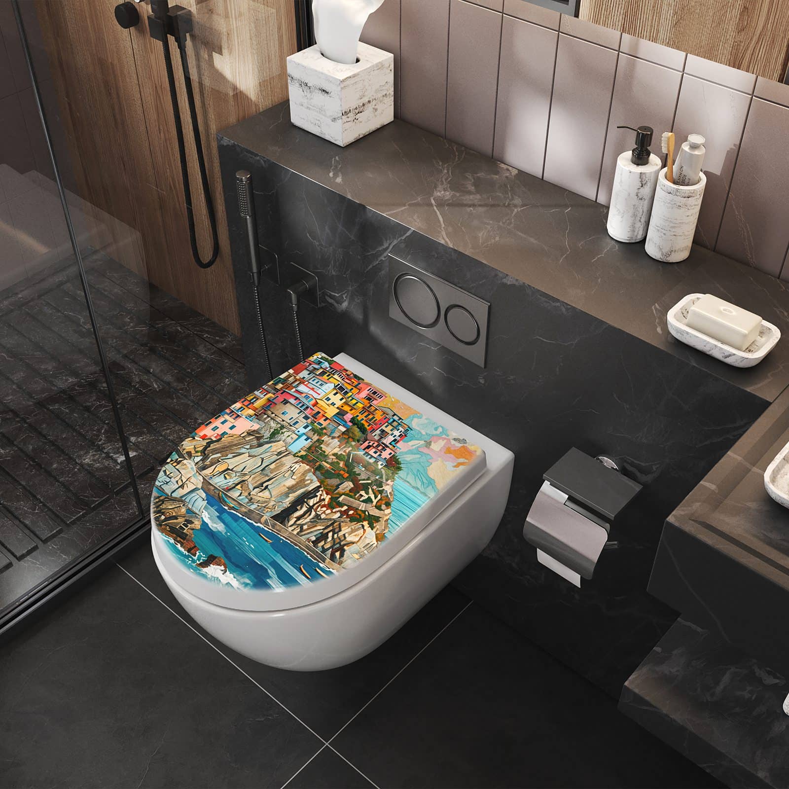 WC-Sitz mit Absenkautomatik Bunte Küstenstadt