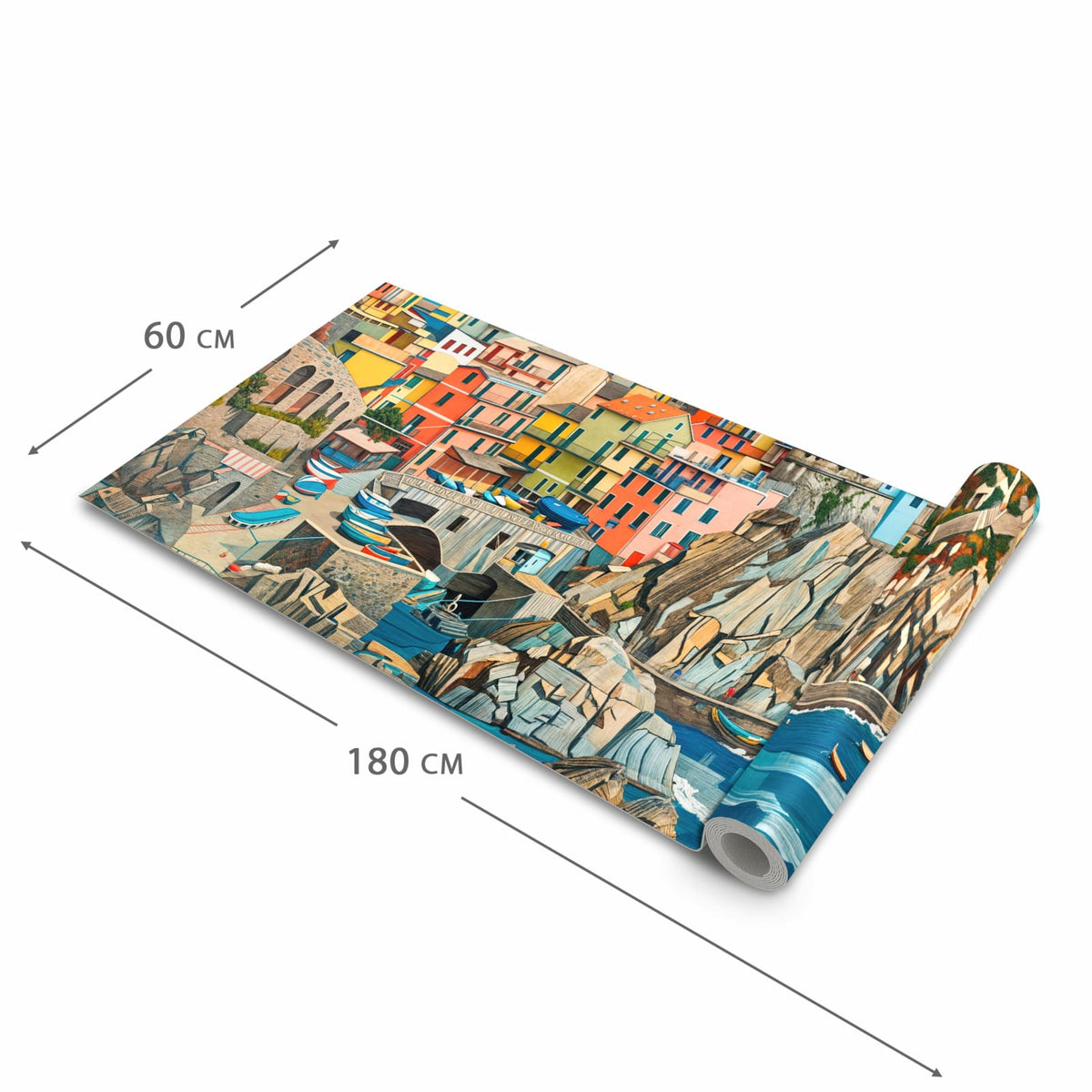 Geräuschdämpfender Küchenteppich mit Motiv Bunte Küstenstadt in der Größe 60x240 cm