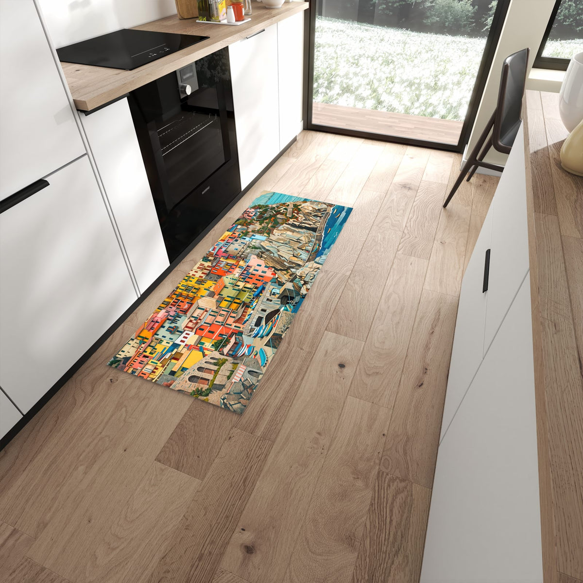 Geräuschdämpfender Küchenläufer mit Motiv Bunte Küstenstadt in moderner Küche #grösse_60 x 150 cm